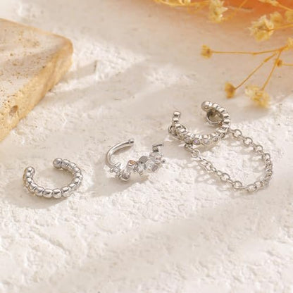 3Pcs Ear Cuffs Non Piercings for Women, Trendy Cubic Zirconia Gold Silver Clip On Cuff Earrings Set Jewelry Dainty Fake Cartilage Earring - color: Silver Chain2