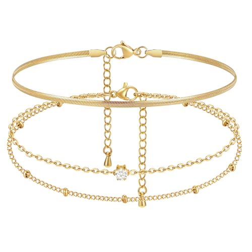 MPRAINBOW Waterproof Gold Anklets for Women - 14k Gold Plated Ankle Bracelets,Summer Beach Surf Foot Chain Multilayered Stacked Bracelet Anklet Set,Layered Trendy Jewelry for Girlfriend - color: Gold Herringbone Chain