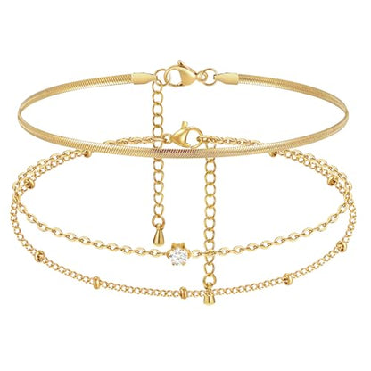 MPRAINBOW Waterproof Gold Anklets for Women - 14k Gold Plated Ankle Bracelets,Summer Beach Surf Foot Chain Multilayered Stacked Bracelet Anklet Set,Layered Trendy Jewelry for Girlfriend - color: Gold Herringbone Chain