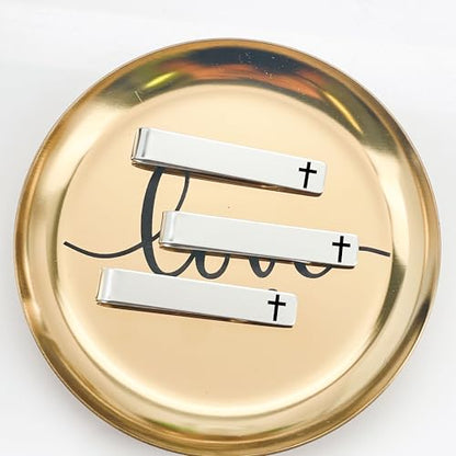 Wedding Party Tie Clip Set of 3 – Stainless Steel Silver Tie Bars for Men – Fishing, Hunting, Golfing, Cross, Suit Designs – Gifts for Groomsmen and Best