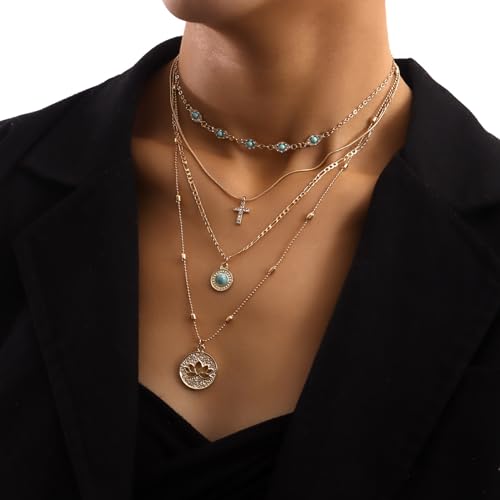 Gold Layered Necklace for Women Summer Boho Layered Stacked Pendant Necklace Country Concert Necklace Turquoise Coin Long Necklace - color: B