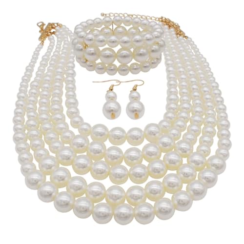 Faux Big Pearl Srand Necklaces for Women 5 Layers Pearls Choker Bib Collar Necklace Bracelet and Earrings set 1920s Costume Pearl Jewelry Bridal Wedding - color: white