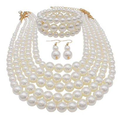 Faux Big Pearl Srand Necklaces for Women 5 Layers Pearls Choker Bib Collar Necklace Bracelet and Earrings set 1920s Costume Pearl Jewelry Bridal Wedding - color: white
