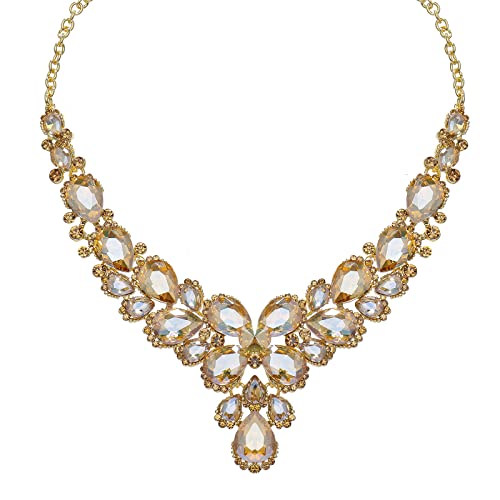 Women's Wedding Bridal Austrian Crystal Glass Teardrop Statement Necklace Dangle Earrings Bracelet Ring Wedding Party Jewelry Set for Bridal Bridesmaid - color: Champagne-Gold Plated