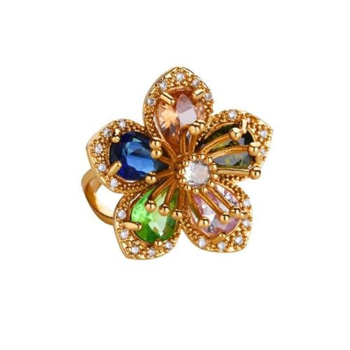Gold Flower Ring for Women Trendy Silver Flower Statement Ring Adjustable Minimalist Rings Jewelry - color: Gold, style: Crystal Flower C