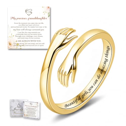 Sterling Silver Hug Ring for Women Teen Girls Adjustable Love Promise Ring Inspirational Open Rings Mothers Day Birthday Gift for Daughter Granddaughter Mom Wife Best Friend - color: 18K Gold / Granddaughter Gift(Beautiful g***s,you can do amazing things)