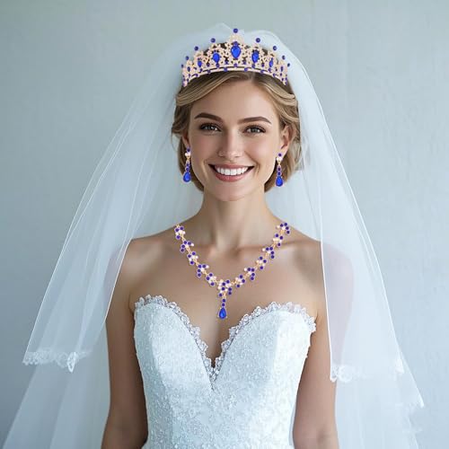 Crystal Crown and Tiara Jewelry Set for Women Bride with Necklace Earrings | Metal Rhinestone Royal Queen Princess Jewelry Set Wedding Quinceanera Pageant Prom Birthday Halloween Party Costume Gift - color: Blue