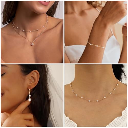 DIBOLA Gold Jewelry Set for Women, Dainty Layered 14K Gold/Silver Pearl Choker Necklaces and Earring Set Pearl Earrings Bracelets Wedding Bride Jewelry - color: 2 pearl earrings jewelry set-gold