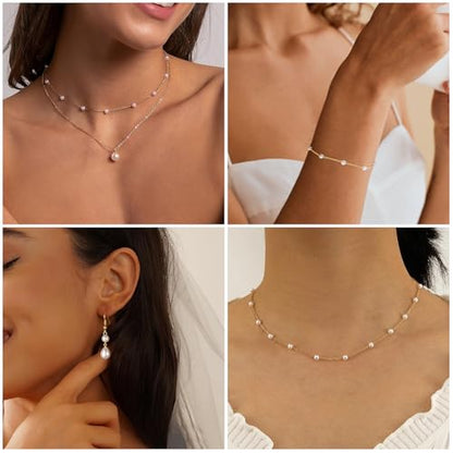 DIBOLA Gold Jewelry Set for Women, Dainty Layered 14K Gold/Silver Pearl Choker Necklaces and Earring Set Pearl Earrings Bracelets Wedding Bride Jewelry - color: 2 pearl earrings jewelry set-gold