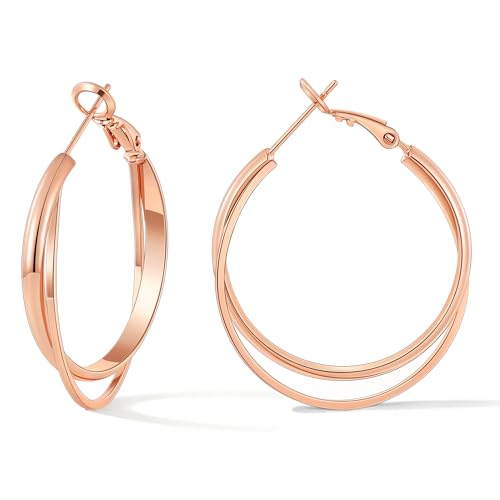 Gacimy Criss Cross Hoop Earrings for Women, 14K Gold Plated Hoops | Hypoallergenic 3mm Wide Double Layer Crossover Hoop Earrings with Lightweight Statement Design, Fashion Gift for Women - color: Rose Gold, size: 30mm