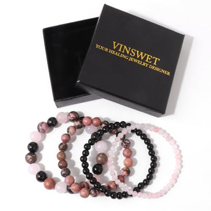 Vinswet 4pcs Beaded Bracelets for Women,Natural Healing Crystal Gemstones Bracelet,Anxiety Stress Relief Bracelet Handmade purple Jewelry Gifts for Women - color: Rose Quartz&Obsidian&Rhodonite