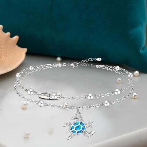 Sterling Silver Anklets for Women Sea Turtle Starfish Anklet Bracelet Ocean Beach Jewelry Opal Summer Foot Mothers Day Gift - style: Anklet-Turtle-A001