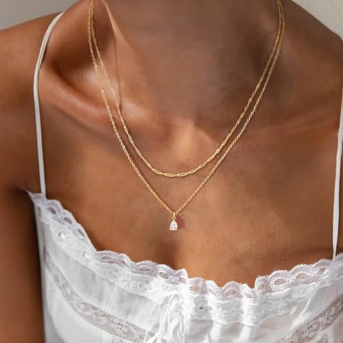 Dainty Layered Necklaces for Women,14k Gold Plated CZ Choker Necklace Stack | 14K Gold Plated Necklace set,Non Tarnish Hypoallergenic Beaded Paperclip Chain Necklace Stack Women's Minimalist Jewelry Gift - color: Gold-2
