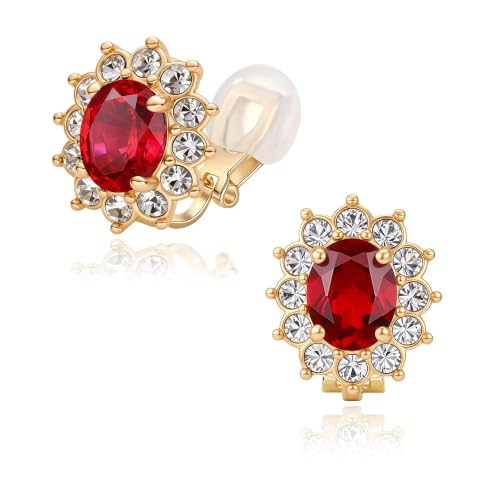 EVEVIC Oval Austrian Crystal Halo Clip On Earrings for Women | Oval Austrian Crystal with Zircon Halo,14K Gold-Plated,Silicone Comfort Pad,Gift Box Included,For Daily and Evening Events - color: Red