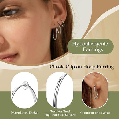 Magitaco 8 Pairs Clip On Hoop Earrings Stainless Steel Clip On Earrings for Women Fake Hoop Earring Spring Hoop Earring For Non-Pierced Ears - color: B:Sliver Tone