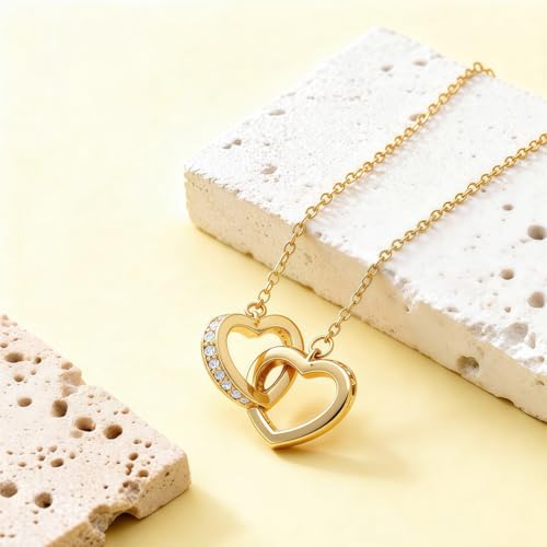 Titanium Steel Interlocking Double Heart Pendant Necklace for Women, 1 Piece 17"+2" Adjustable Hypoallergenic Dainty Rolo Chain, Minimalist Cubic Zirconia Love Choker Necklace - color: Gold