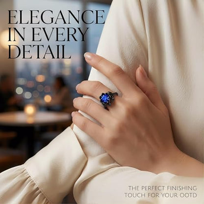 Cubic Zirconia Rings For Women, Gothic Ring Black Flower Crystal Stackable Trendy Floral Eternity Travel Engagement Statement Wedding Birthday Jewelry Gift - color: Goth Black Blue