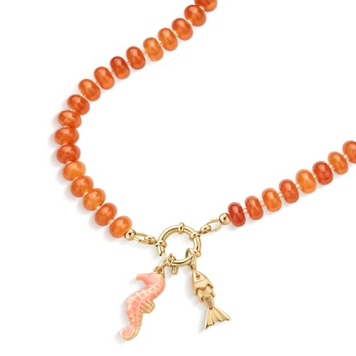 SAMYA Gemstone Beaded Necklace for Women | Ocean Charm Necklace with 8x4mm Natural Dyed Jade Beads, Adjustable 16"+2" Beach Necklace for Women - color: red jade