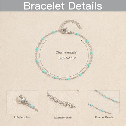 6 PCS Enamel Beaded Chains Bracelet Stainless Steel Link Bracelets | 6.7"+1.18", With Extender Chain, Fashion Jewelry Set, Gift For Women, Colorful, No Fade - color: Turquoise Silver