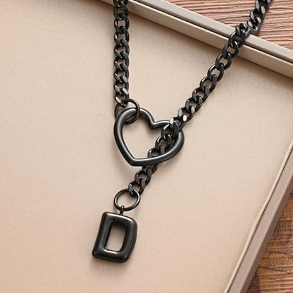 sroyte Black Heart Slip Chain Initial Necklaces for Women,Stainless Steel O-Ring Adjustable Lariat Heart Y-Necklace,Punk Gothic Cuban Collar Choker Necklace for women - color: Black D