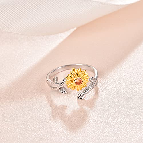 Sunflower Rings for Women, 925 Sterling Silver CZ You are My Sunshine Adjustable Open Band Rings Jewelry Gifts for Girls Size 7-8