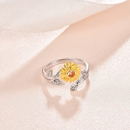 Sunflower Rings for Women, 925 Sterling Silver CZ You are My Sunshine Adjustable Open Band Rings Jewelry Gifts for Girls Size 7-8