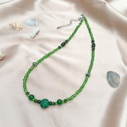 Beaded Necklaces for Women Summer Beach Beaded Necklace Bead Choker Boho Necklaces for Women Handmade Summer Jewelry Stainless Steel 18K Gold Plated - color: Green