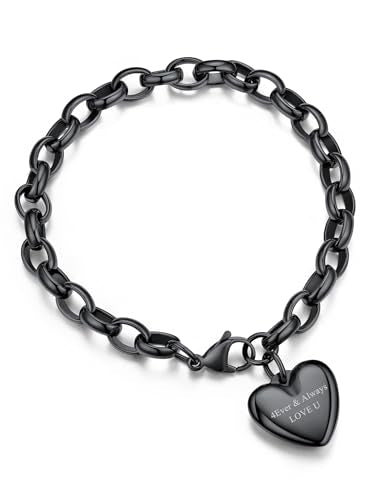 Jewelry Stainless Steel Initial Heart Charm Bracelet For Women | 14K Gold/Silver/Black Plated Initial Cable Link Letters Adjustable Waterproof Bracelets Jewelry Gifts Mom (With Box) - style: Customized Heart