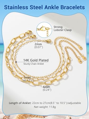 PROSTEEL Ankle Bracelets for Women, Silver/Gold/Black, Waterproof Anklets | Waterproof, Stainless Steel, Summer Beach Jewelry, Durable & No Tarnish, Come with Gift Box, 8-10.5" Adjustable, Plus Size - color: L: gold-paperclip chain(3pcs)