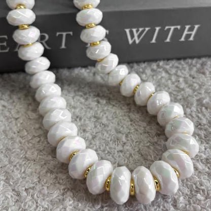 Colorful Chunky Acrylic Beaded Choker Necklaces for Women | Multicolor Faceted Beads, Sturdy Metal Chain, Adjustable Detachable, Lightweight, Summer Boho, Sparkly Statement Jewelry Gift - color: White