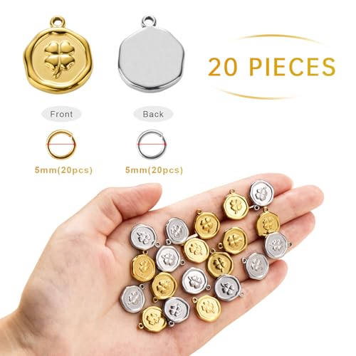 2 Colors Round Stainless Steel Charm for Jewelry Making 20pcs Lucky Clover Charms Bulk with Jump Rings - color: Clover Gold Silver
