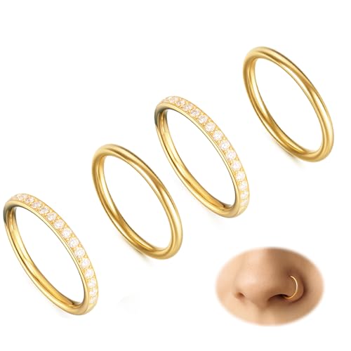CZ Nose Rings for Man Women – Double Hoop and Segment Clicker Piercing Jewelry for Septum, Cartilage, Tragus, Helix, Hypoallergenic, 4 Set - color: Gold, size: 16G 6MM