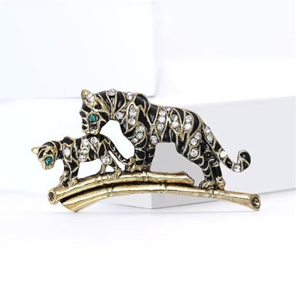 Luxury Crystal Tiger Brooch Pins for Women Men Vintage Gold-Tone Climbing Black Spots Leopard Brooch Fashion Panther Cougar Pin Suit Jackets Coat Animal Jewelry Gift - style: Leopard cub