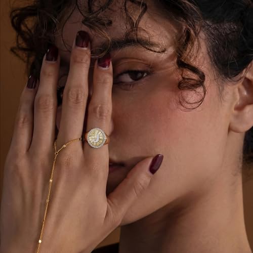 KissYan 14K Gold Plated Initial Ring for Women | Adjustable CZ Halo Letter Signet Ring, Personalized Monogram Statement Jewelry Gift, Tarnish Resistant - style: Letter T