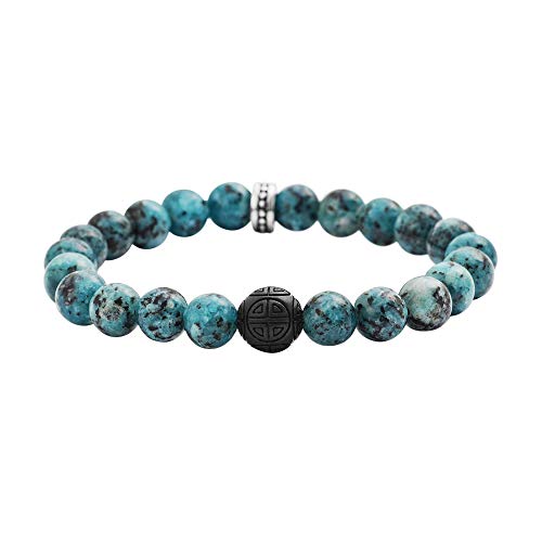 Geoffrey Beene Natural Stone Elastic 9mm Beaded Bracelet with Black Good Fortune Piece - color: Azurite Chrysocolla