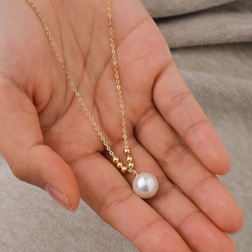 Pearl Necklace for Women 925 Sterling Silver Single Pearl Jewelry with Shell Pearl Pendant - Dainty Choker Necklace Suitable for Anniversary, Wedding, Birthday Gifts - color: Bead Gold
