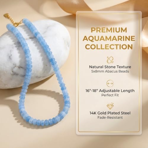 Beaded Necklace for Women, 5x8mm Blue Stone Beads, Boho Summer Jewelry | Coastal boho style for women who love soft blue tones, beach-inspired outfits, and easy everyday jewelry