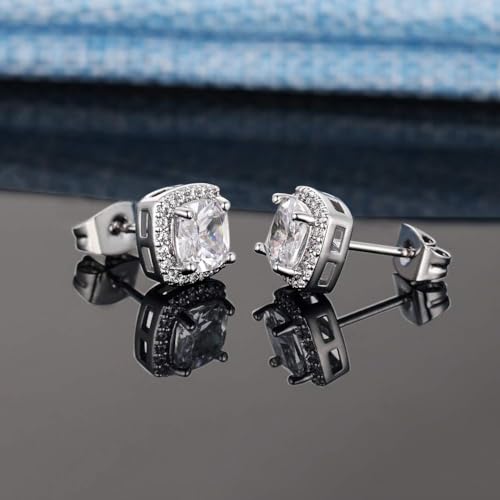 18K White Gold Plated Round Square Cubic Zirconia Simulated Diamond Halo Stud Earrings 2 pairs Set - color: White Gold