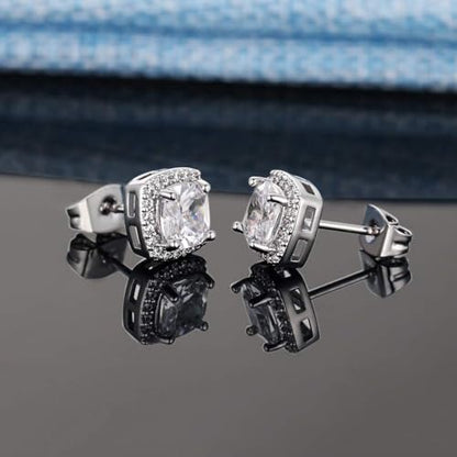 18K White Gold Plated Round Square Cubic Zirconia Simulated Diamond Halo Stud Earrings 2 pairs Set - color: White Gold