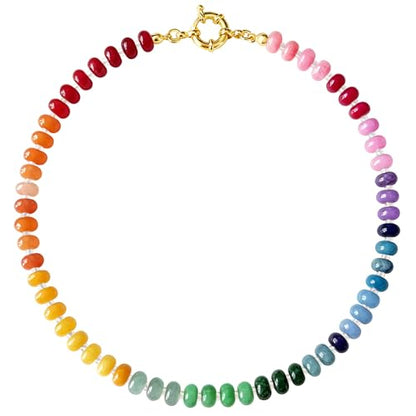 HAXIYA Colorful Beades Gemstone Necklace for Women Boho Beaded Choker | Rainbow Natural Stone Chunky Bead Surfer Summer Beach Necklaces Jewelry Hypoallergenic - color: Rainbow
