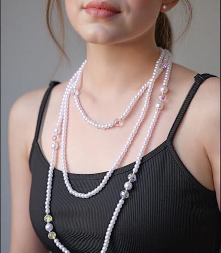 Errally Long Pearl Necklace and Earring Set Layered Pearl Beaded Necklaces for Women White Costume Jewelry Sets Gifts for Mom - color: Crystal