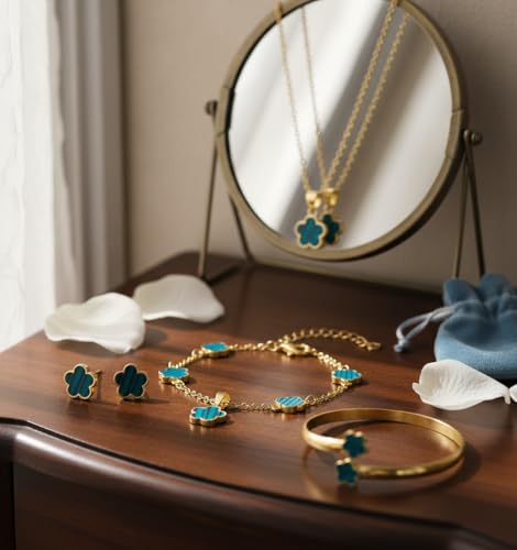 Clover Jewelry Set for Women Non Tarnish Gold-Tone Five Leaf Clover Necklace, Earrings, Ring, Bracelet Fashion Simple Floral Jewelry Set - color: Green