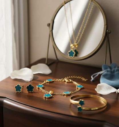 Clover Jewelry Set for Women Non Tarnish Gold-Tone Five Leaf Clover Necklace, Earrings, Ring, Bracelet Fashion Simple Floral Jewelry Set - color: Green