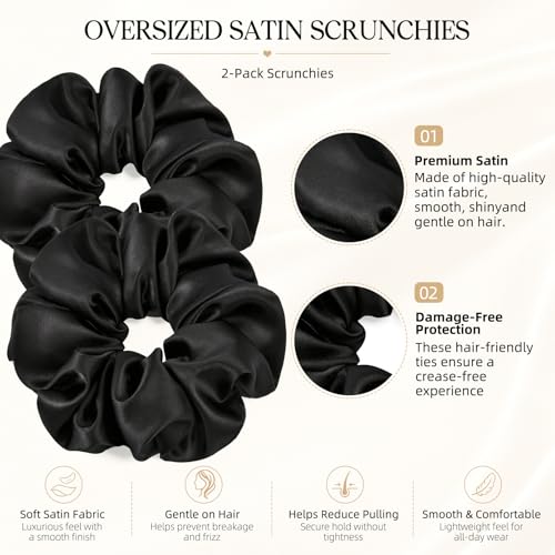 2 PCS Black Jumbo Satin Silky Scrunchies 6.5 Inches Oversized Scrunchie Extra Large Big Hair Ties Ponytail Holder for Thick Curly Hair Women (Black) - color: Black