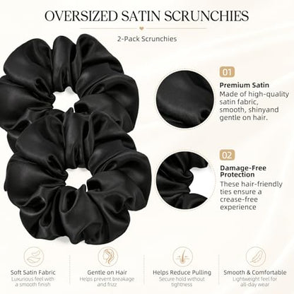 2 PCS Black Jumbo Satin Silky Scrunchies 6.5 Inches Oversized Scrunchie Extra Large Big Hair Ties Ponytail Holder for Thick Curly Hair Women (Black) - color: Black