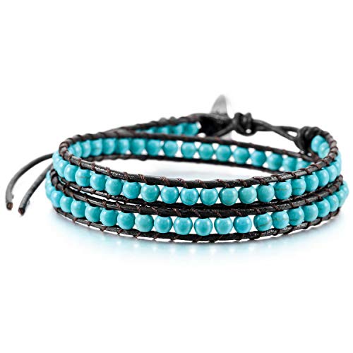 Boho Bracelets Adjustable Rope Buckle Handmade Leather-Wrapped Bracelet Jewelry Bohemian Style Bracelets Natural Stone Wrap Bracelets Variety Beads Strand Bracelet - color: Turquoise