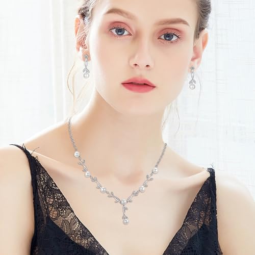 Jewelry Set for Women, Necklace Dangle Earrings Bracelet Set with White AAA Cubic Zirconia, Allergy Free Wedding Party Jewelry for Bridal Bridesmaid - color: Necklace+Braclelet+Earrings-pearl style