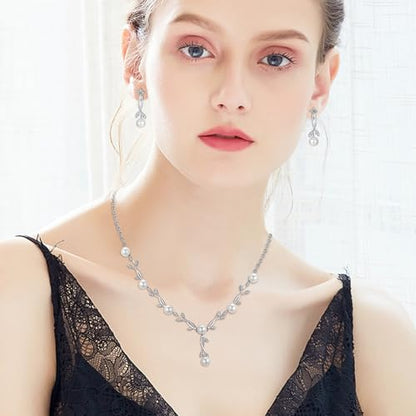 Jewelry Set for Women, Necklace Dangle Earrings Bracelet Set with White AAA Cubic Zirconia, Allergy Free Wedding Party Jewelry for Bridal Bridesmaid - color: Necklace+Braclelet+Earrings-pearl style