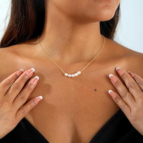 Pearl Necklace for Women, Dainty Pearls Choker Necklace for Women 14K Gold Plated Layered Pendant Necklace Handmade Gold Chain Necklace Everyday Jewelry Gift - color: Five Pearls-Gold