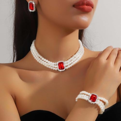 Brishow Pearl Necklace Jewelry Set Wedding Pearls Earrings Necklaces Set Bridal Crystal Bracelet Jewelry for Women (Pack of 3) - color: Red, size: 3 Layered